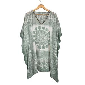 World Market Green Cotton Tunic Top Blouse Swim Cover Up Small Medium Beaded